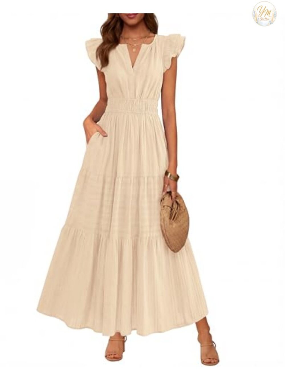 Women's Cotton Ruffle Sleeve Maxi Dress with Pockets
